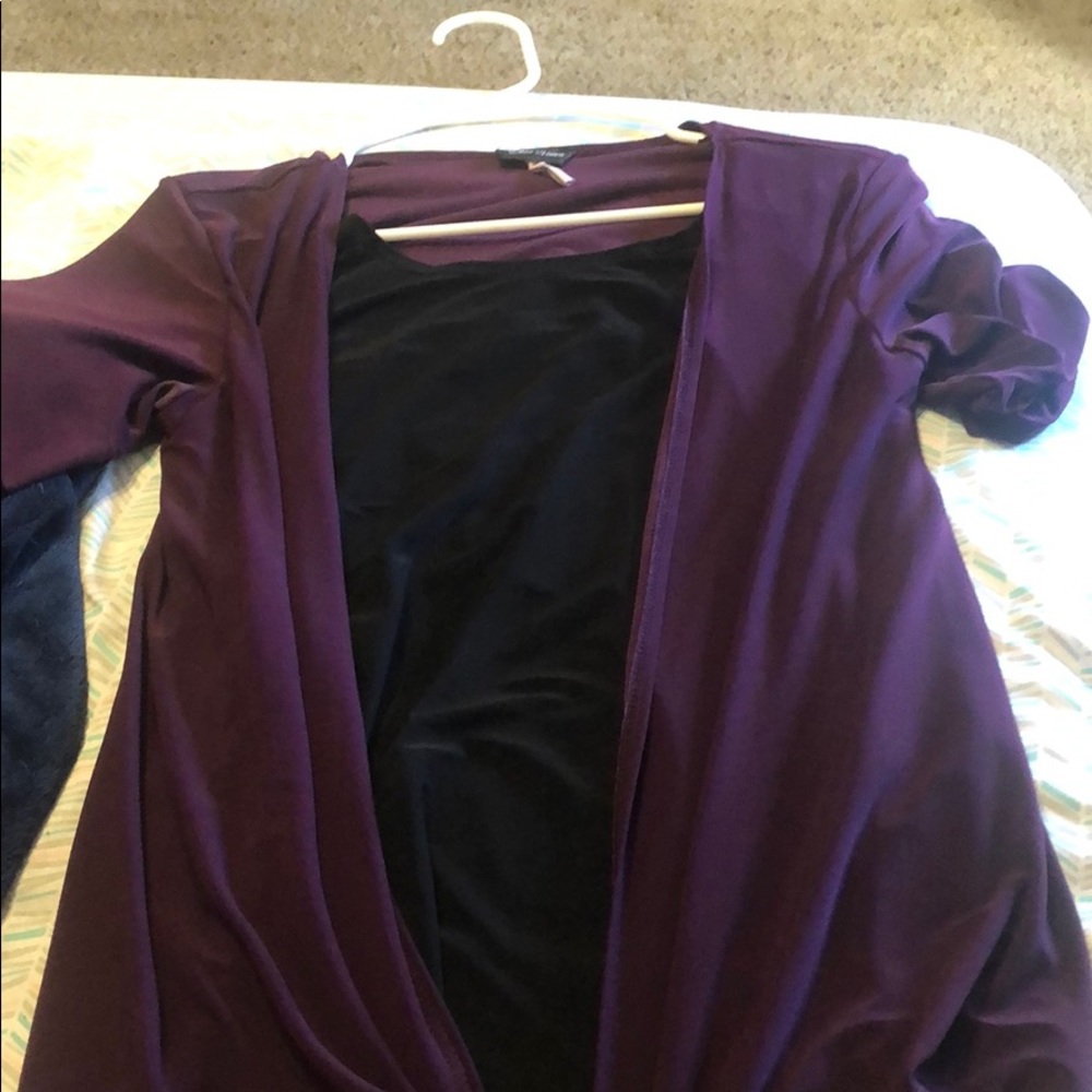 back shirt with purple cardigan attached